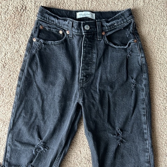 Abercrombie and Fitch High Rise Dad Straight Leg Black Destroy Jeans - Picture 6 of 12